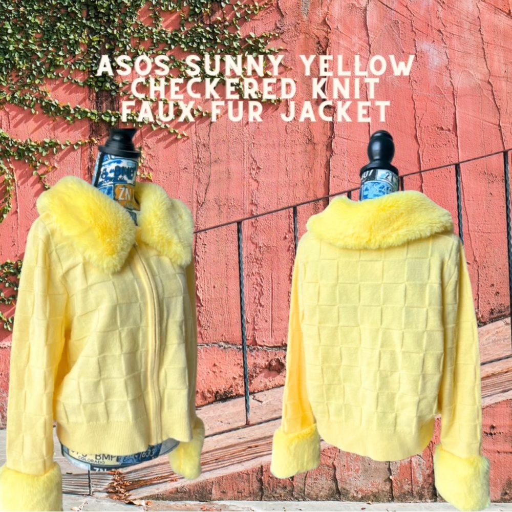 ASOS design checkered knit faux fur accent yellow jacket